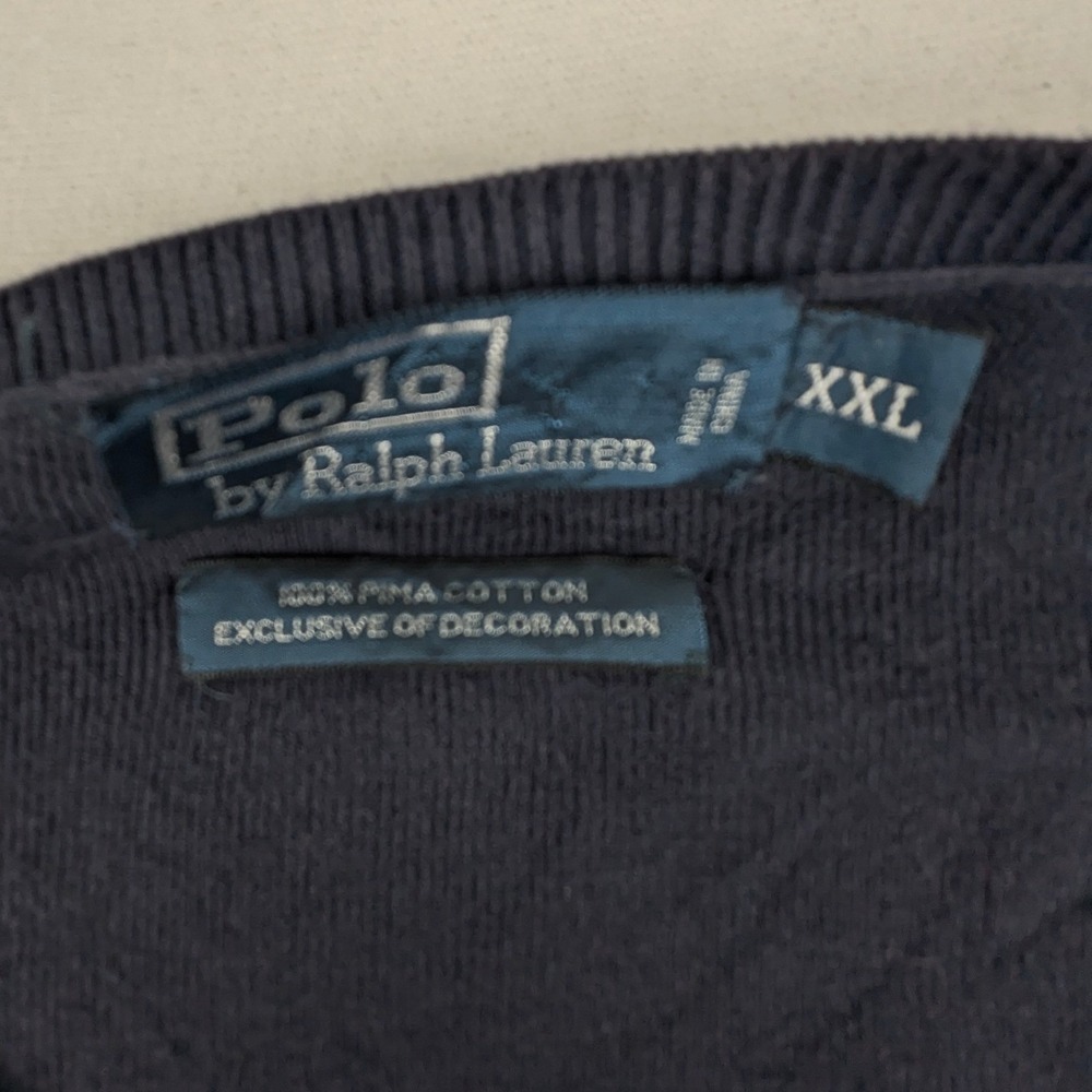 Polo Ralph Lauren Mens XXL Navy Blue Pima Cotton V-Neck Sweater Green Pony Logo - Picture 5 of 11